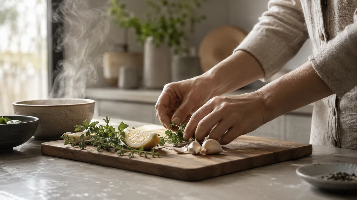 Calm kitchen counter with fresh simple ingredients on a wooden board