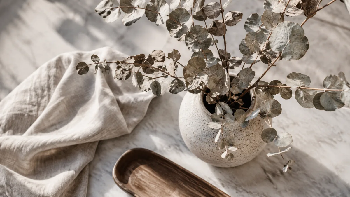 Serene styled vignette with neutral tones and soft daylight