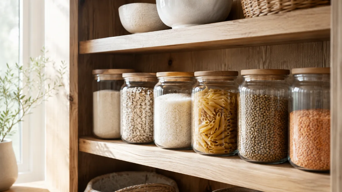 Minimalist pantry shelf with glass jars of staples