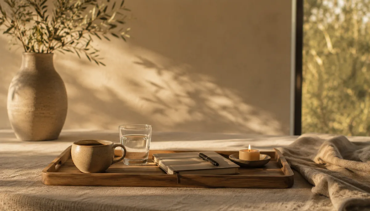 Simple morning tray with coffee, water and a small journal