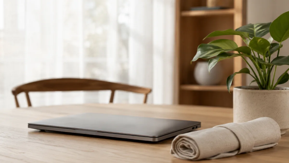 Tidy home-office corner with a laptop closed and a small plant