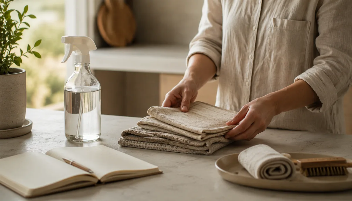 Neatly arranged cleaning cloths and a refillable spray bottle on a clean surface