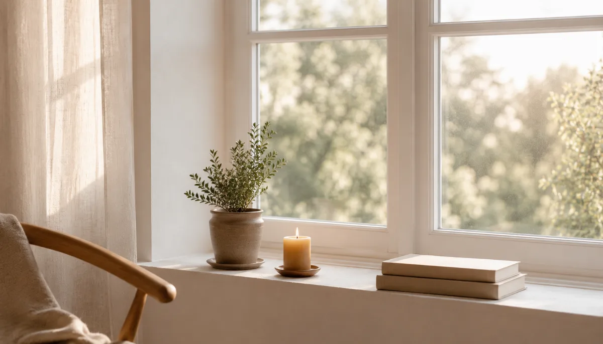 Serene windowsill with a candle and a small plant
