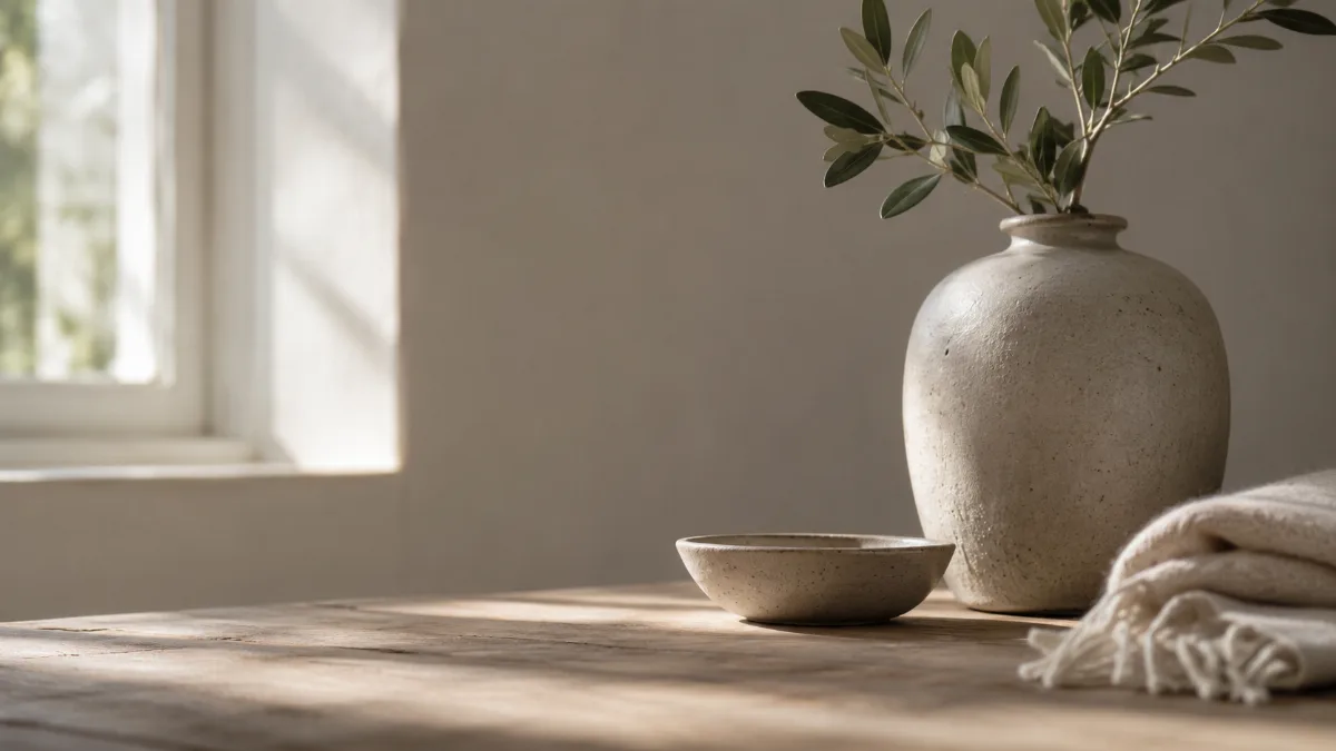 Serene styled vignette with neutral tones and soft daylight