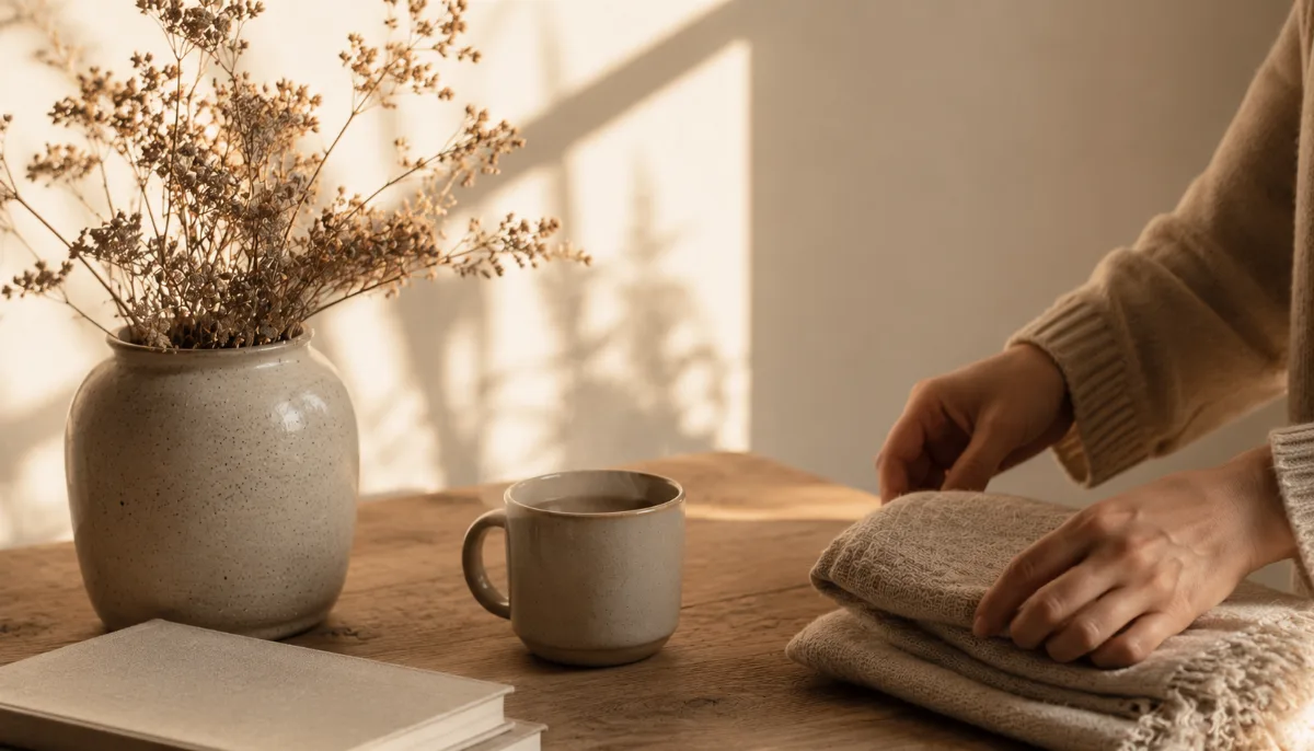 Calm minimalist interior with natural light and a few simple objects