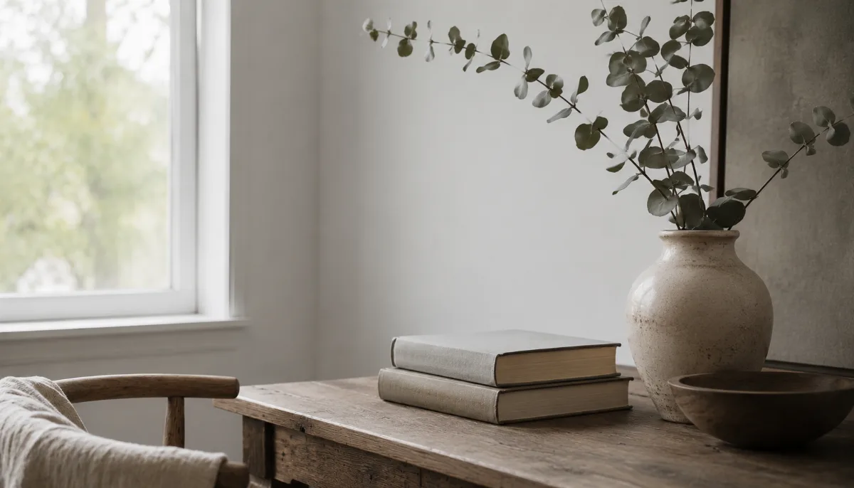 Calm minimalist interior with natural light and a few simple objects