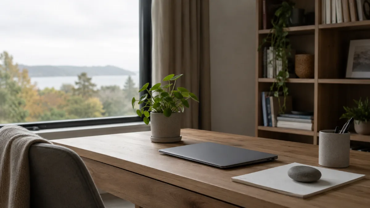 Tidy home-office corner with a laptop closed and a small plant
