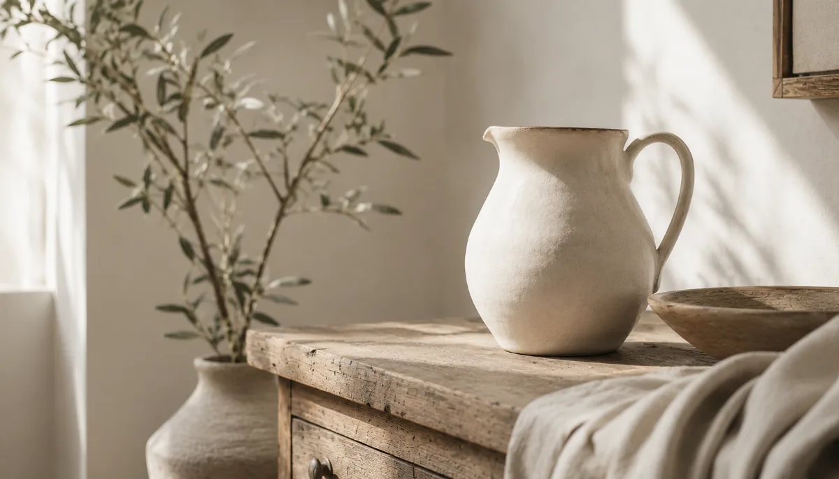 Serene styled vignette with neutral tones and soft daylight