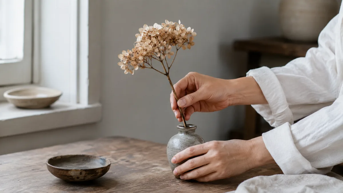Serene styled vignette with neutral tones and soft daylight