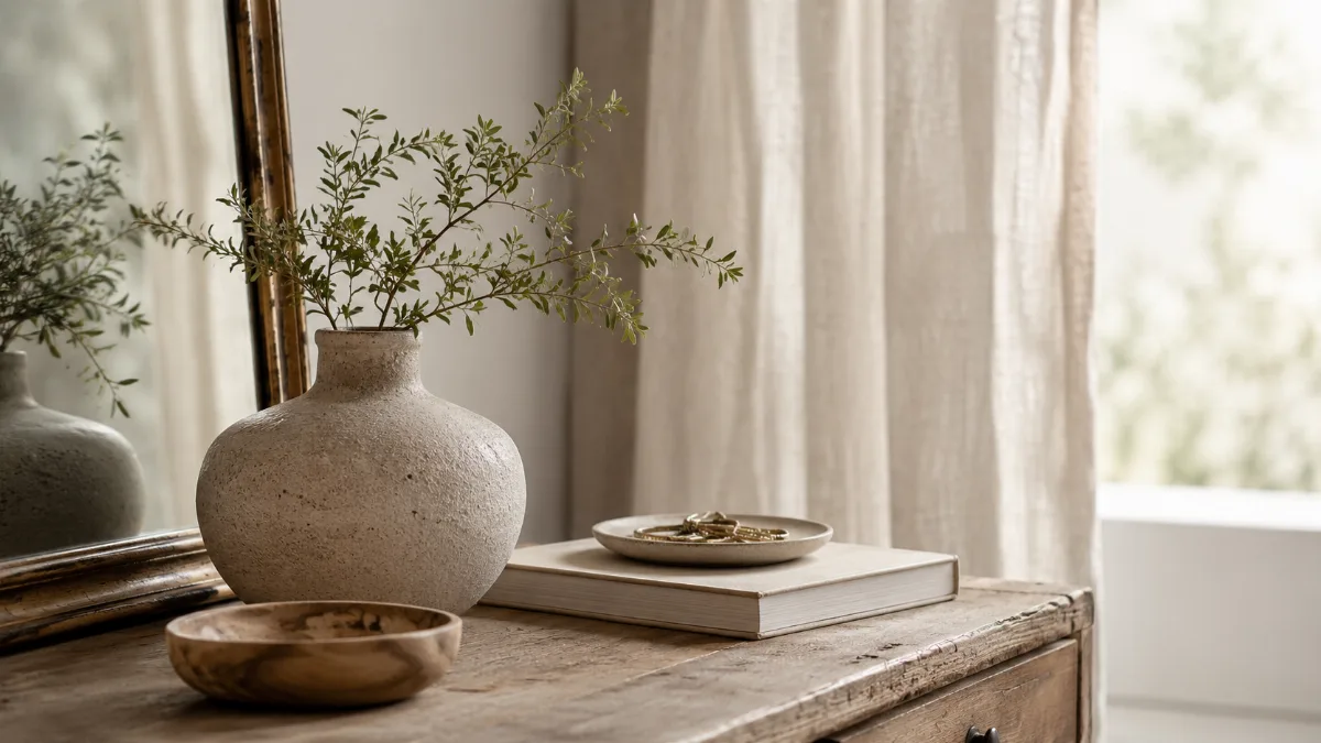 Serene styled vignette with neutral tones and soft daylight