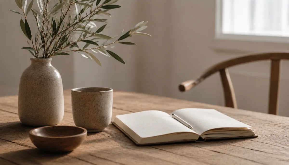 Calm minimalist interior with natural light and a few simple objects