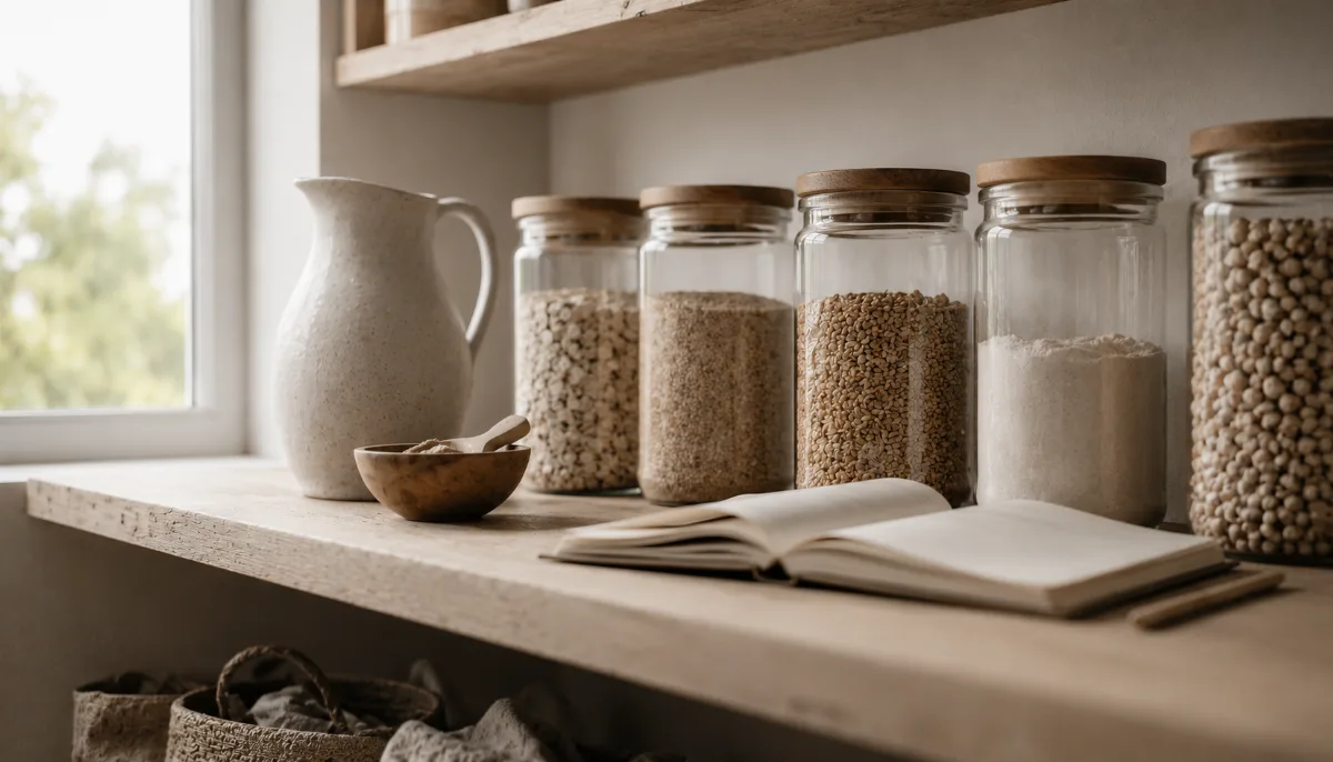 Minimalist pantry shelf with glass jars of staples