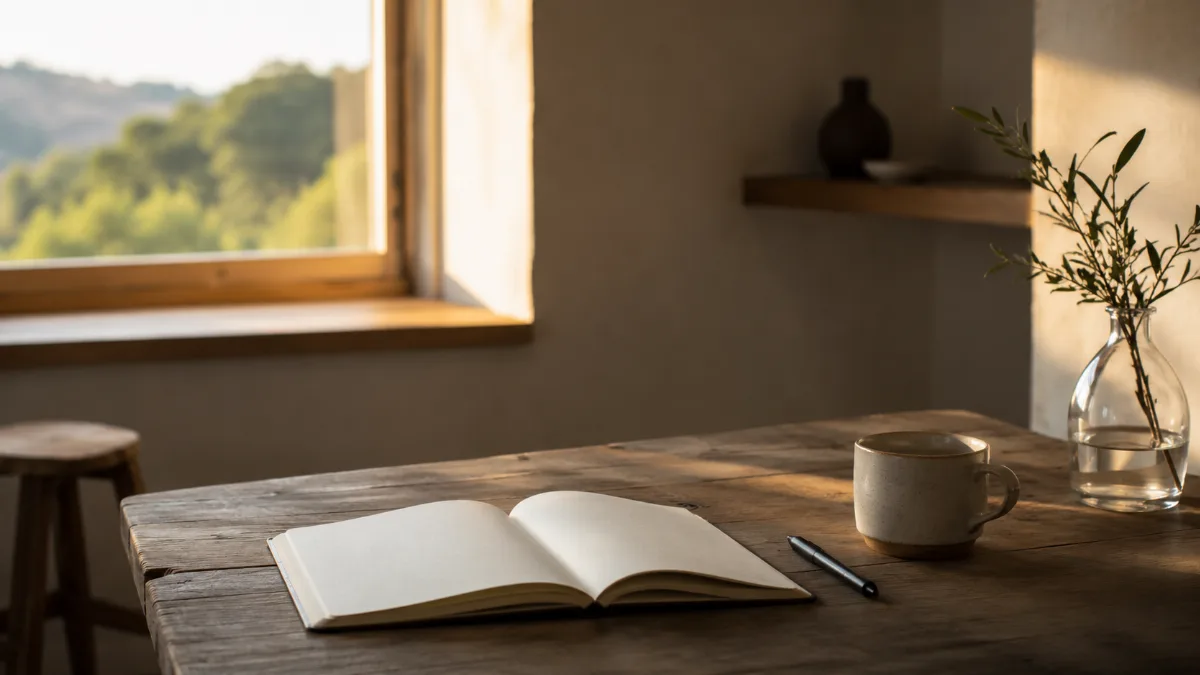 Calm minimalist interior with natural light and a few simple objects
