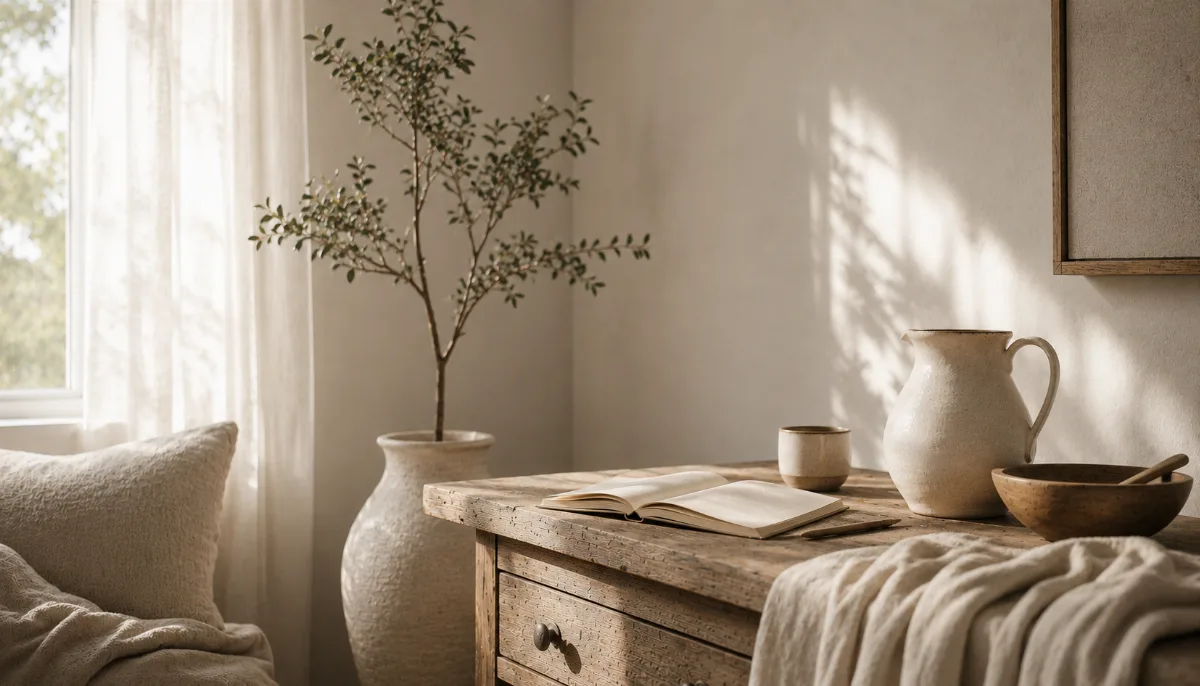 Serene styled vignette with neutral tones and soft daylight