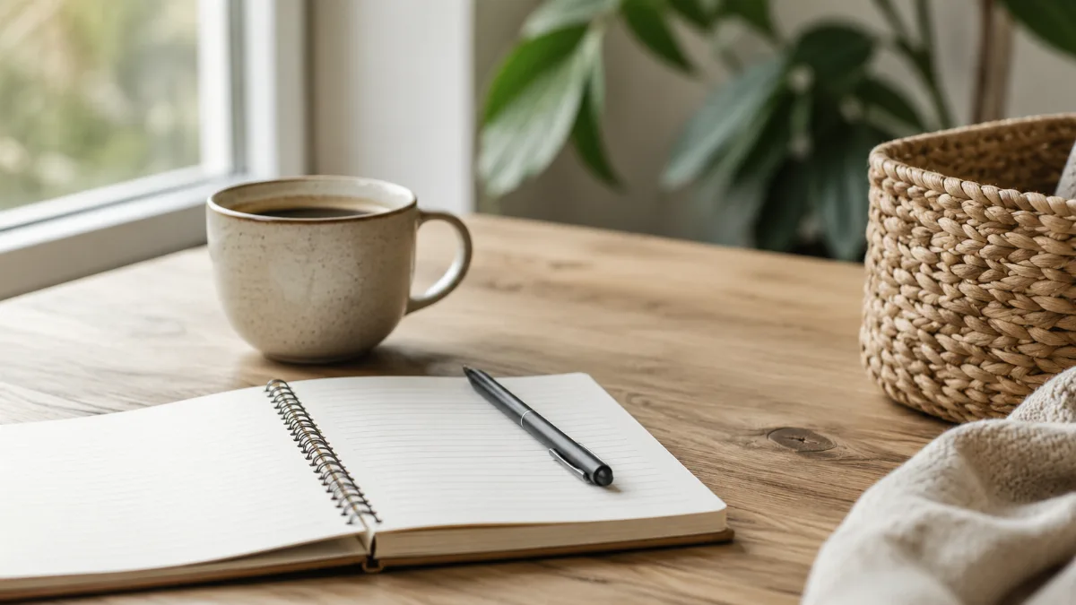 Clean wooden desk by a window with a notebook, pen and a cup of coffee
