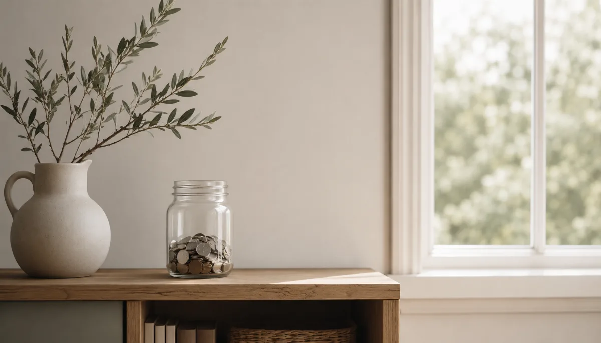 Glass jar of saved coins on a wooden shelf