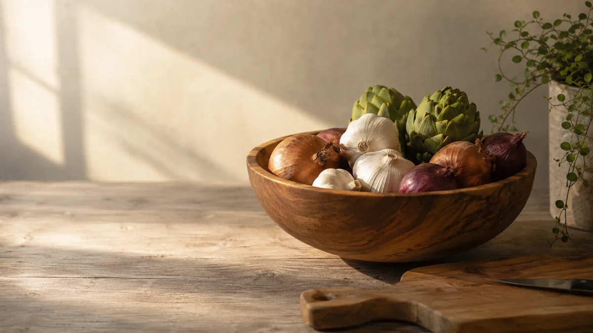 Wooden bowl of vegetables beside a chopping board