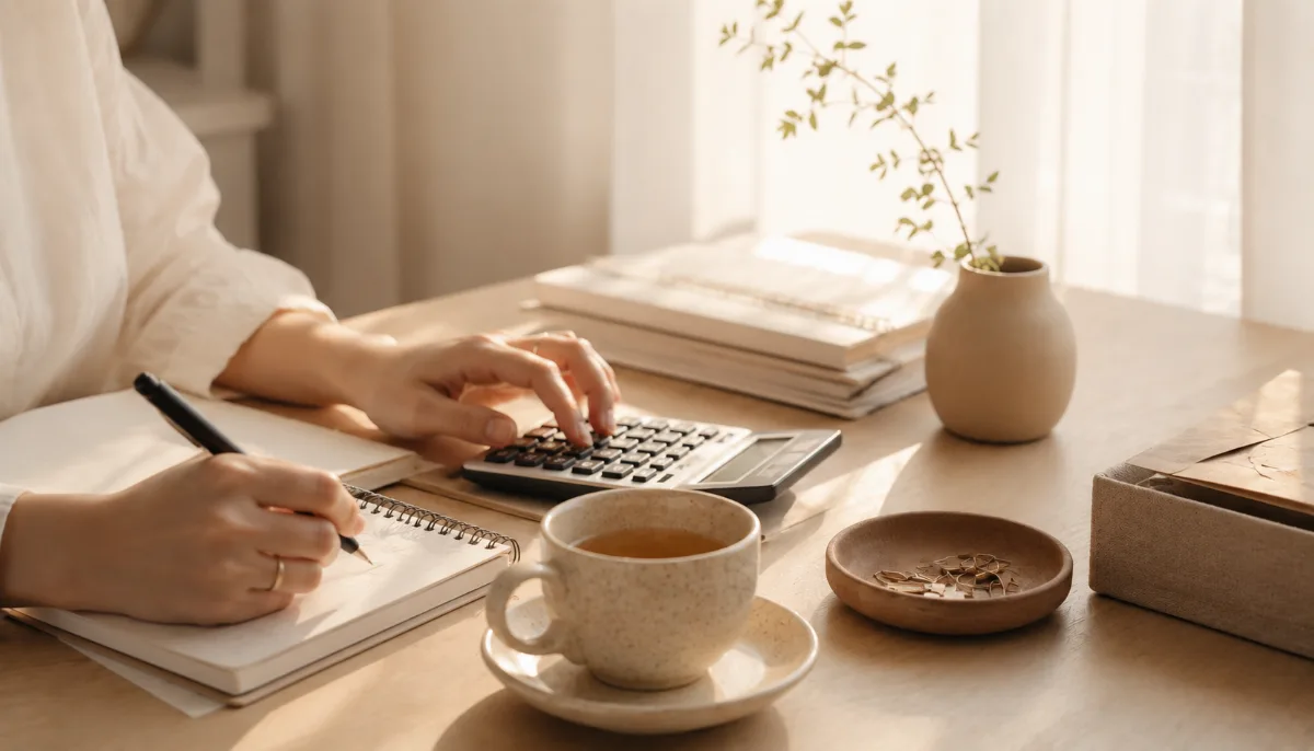 Tidy desk with a calculator, notebook and a cup of tea