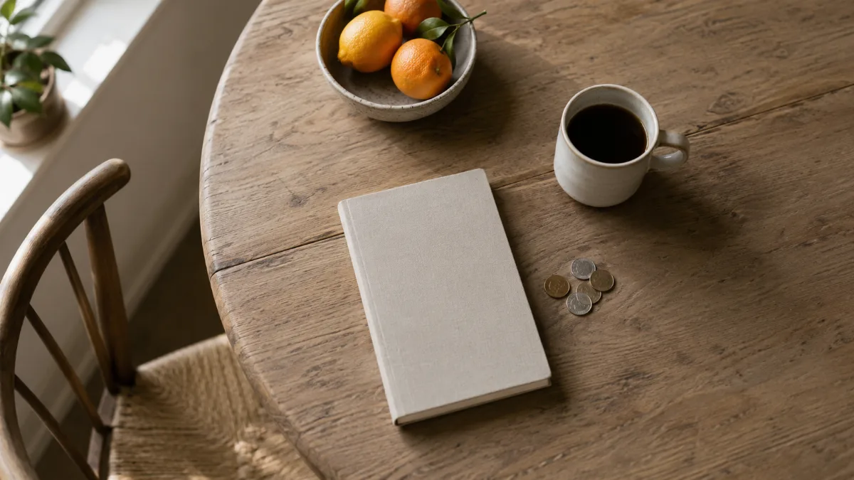 Kitchen table with a plain notebook, a few coins and a cup of coffee
