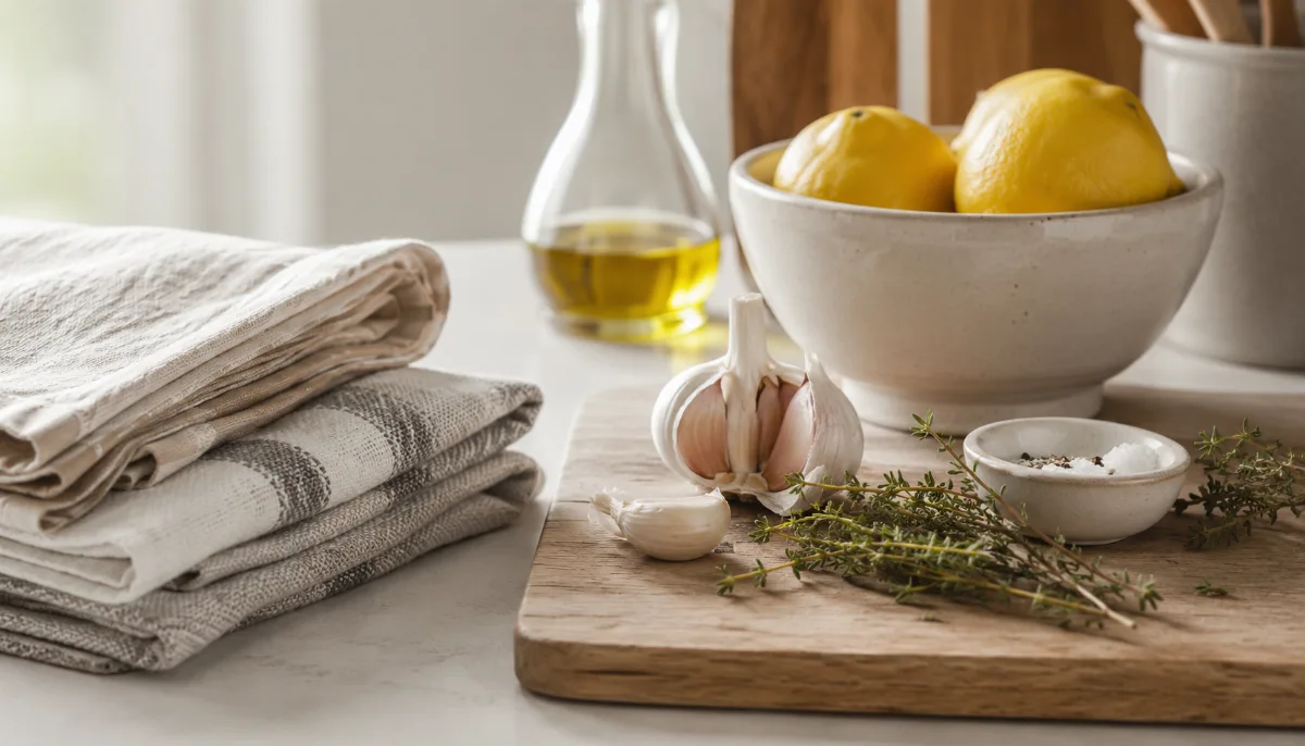 Calm kitchen counter with fresh simple ingredients on a wooden board