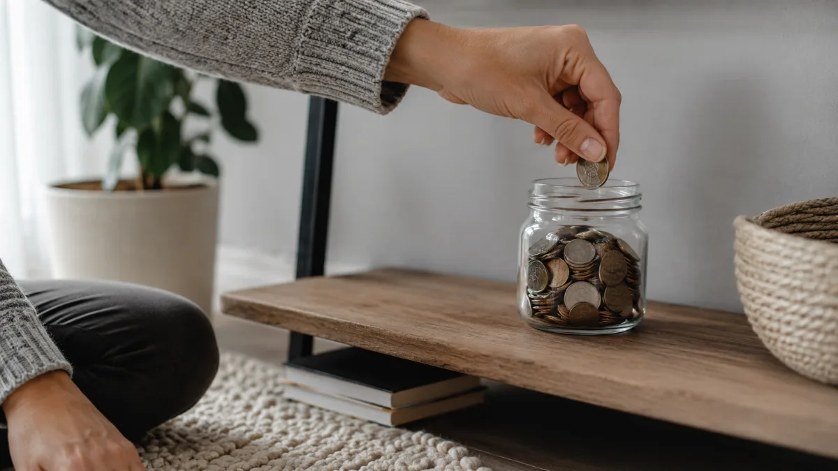 Glass jar of saved coins on a wooden shelf