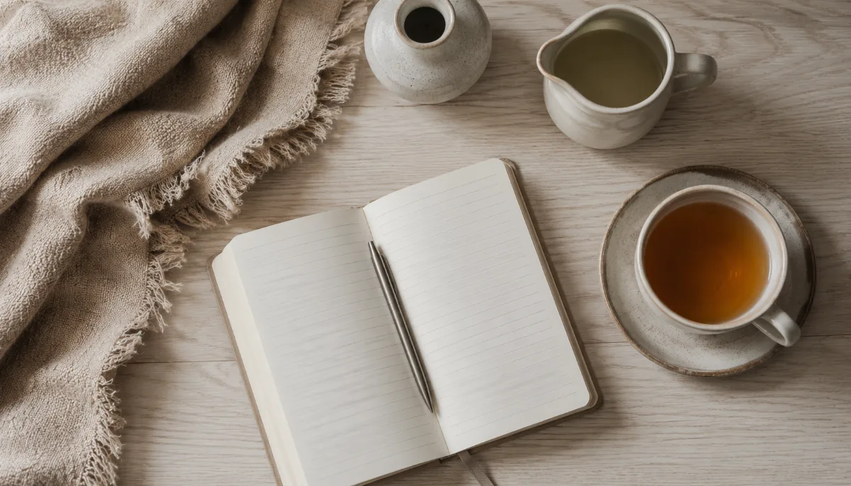 Tidy desk with a notebook and a cup of tea