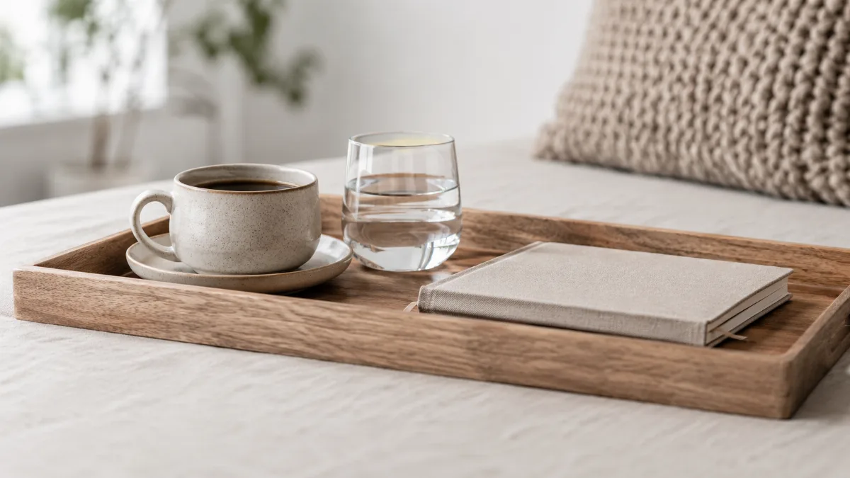 Simple morning tray with coffee, water and a small journal