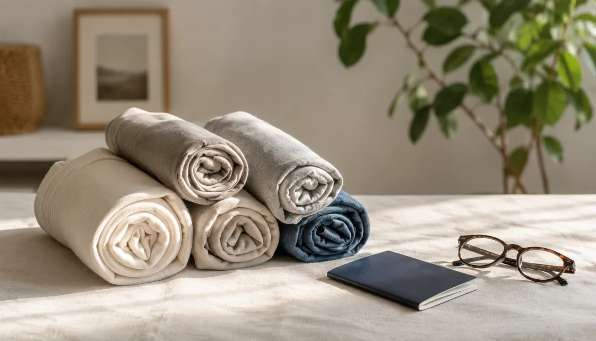 Rolled clothes and a passport arranged on a clean surface