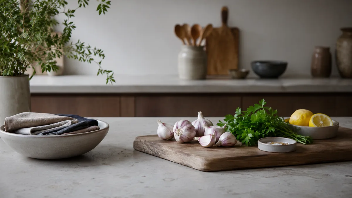 Calm kitchen counter with fresh simple ingredients on a wooden board