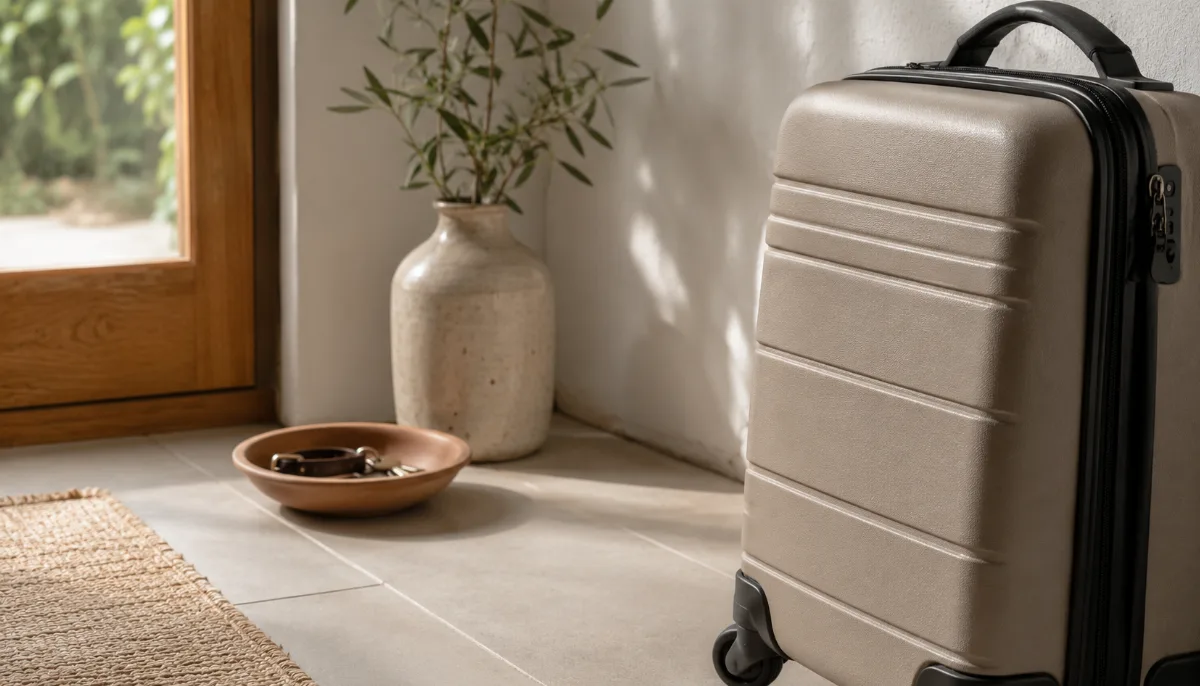 Single carry-on bag by a sunlit doorway