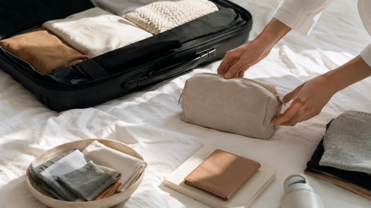 Neatly packed travel essentials laid out on a bed