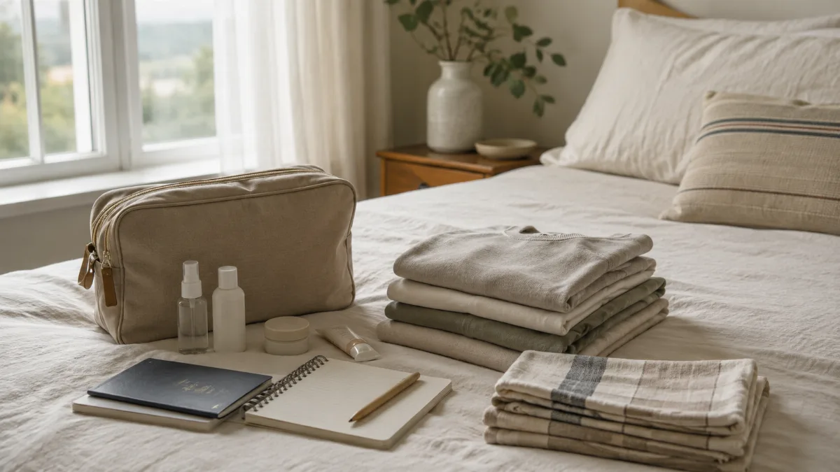 Neatly packed travel essentials laid out on a bed