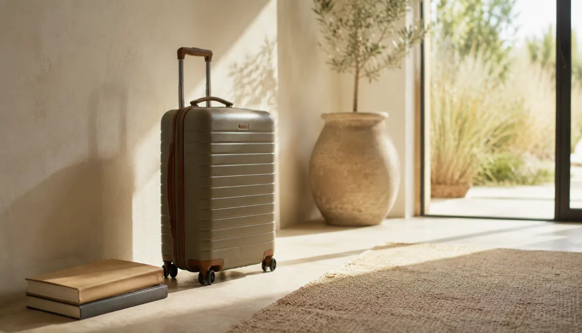 Single carry-on bag by a sunlit doorway