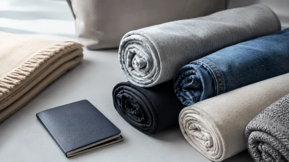 Rolled clothes and a passport arranged on a clean surface