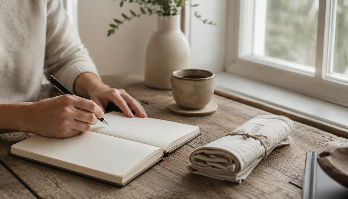 Clean wooden desk by a window with a notebook, pen and a cup of coffee