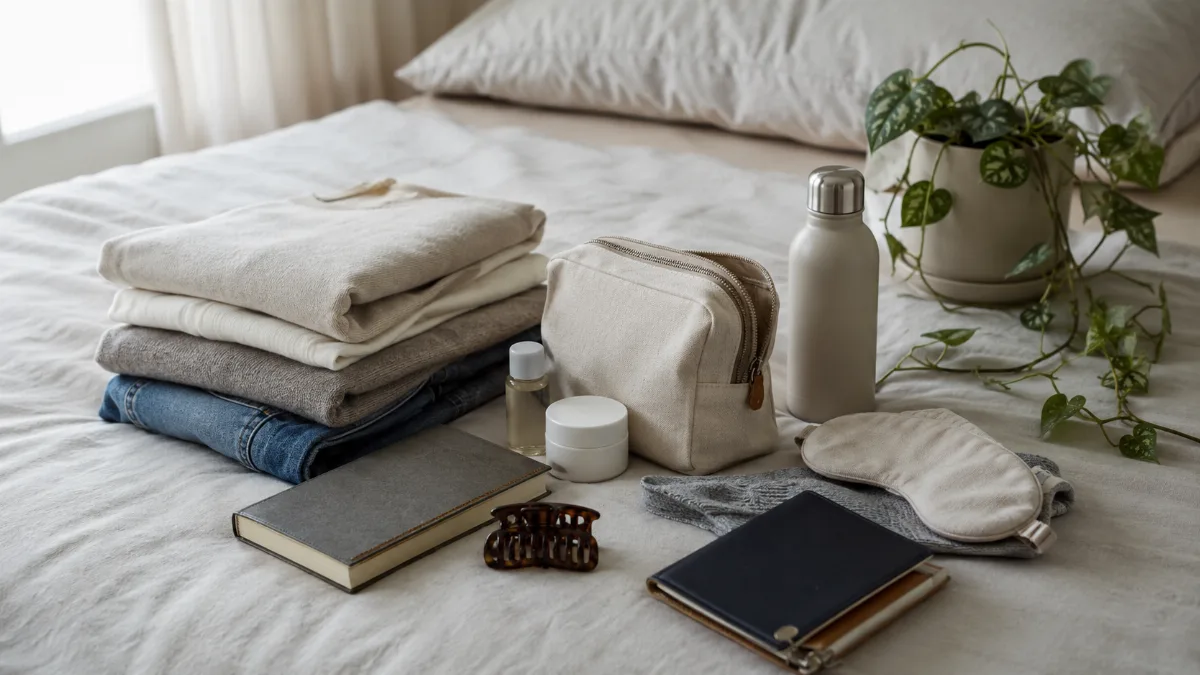 Neatly packed travel essentials laid out on a bed