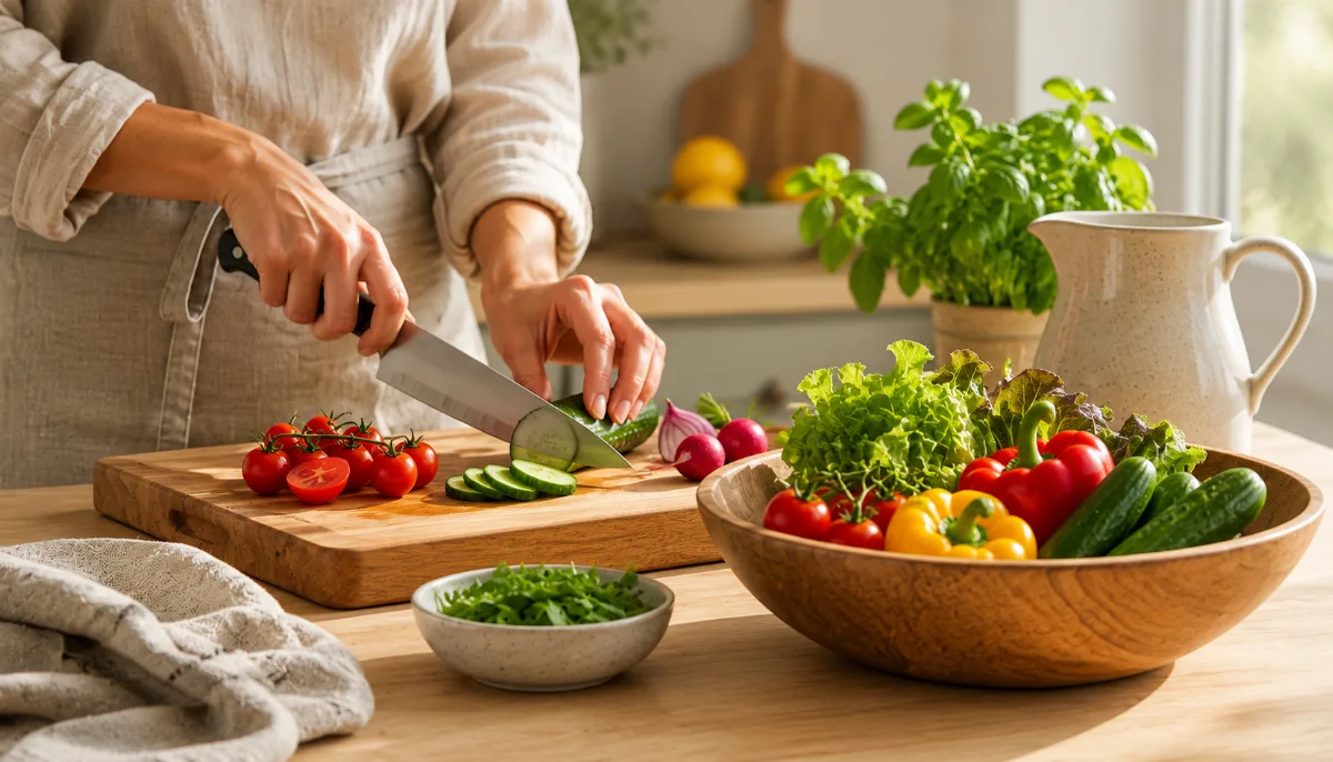 Wooden bowl of vegetables beside a chopping board