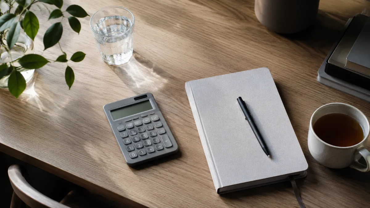 Tidy desk with a calculator, notebook and a cup of tea