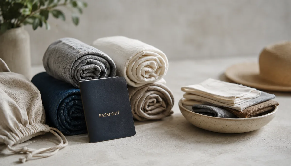 Rolled clothes and a passport arranged on a clean surface