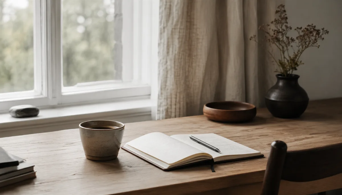 Clean wooden desk by a window with a notebook, pen and a cup of coffee
