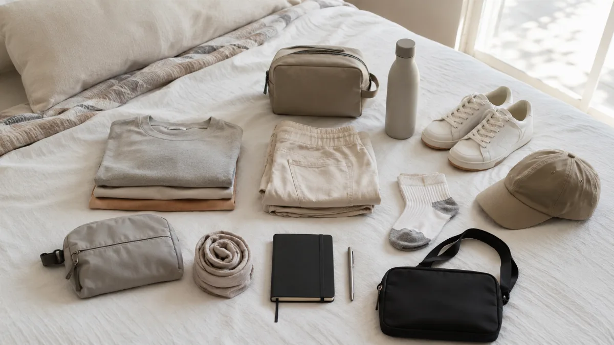 Neatly packed travel essentials laid out on a bed