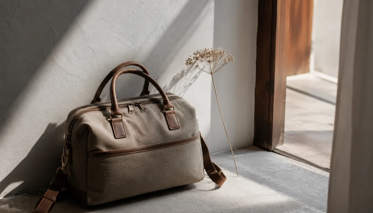 Single carry-on bag by a sunlit doorway