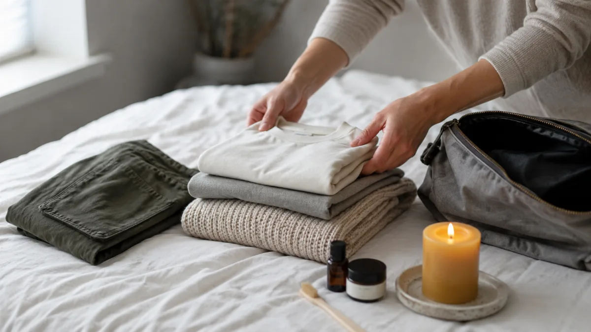 Minimalist packing layout of clothes and toiletries on a bed