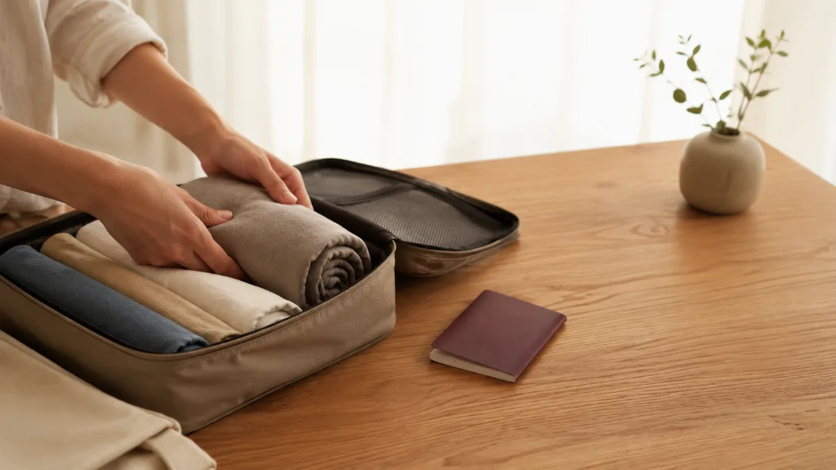 Rolled clothes and a passport arranged on a clean surface