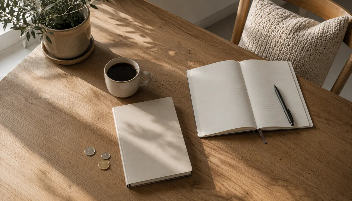 Kitchen table with a plain notebook, a few coins and a cup of coffee