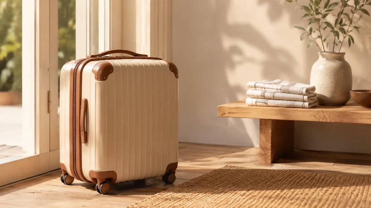 Single carry-on bag by a sunlit doorway