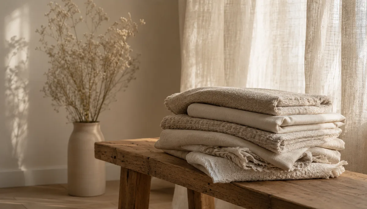 Layered beige and oatmeal fabrics folded on a bench