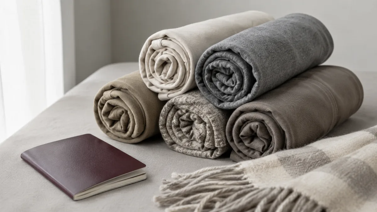 Rolled clothes and a passport arranged on a clean surface