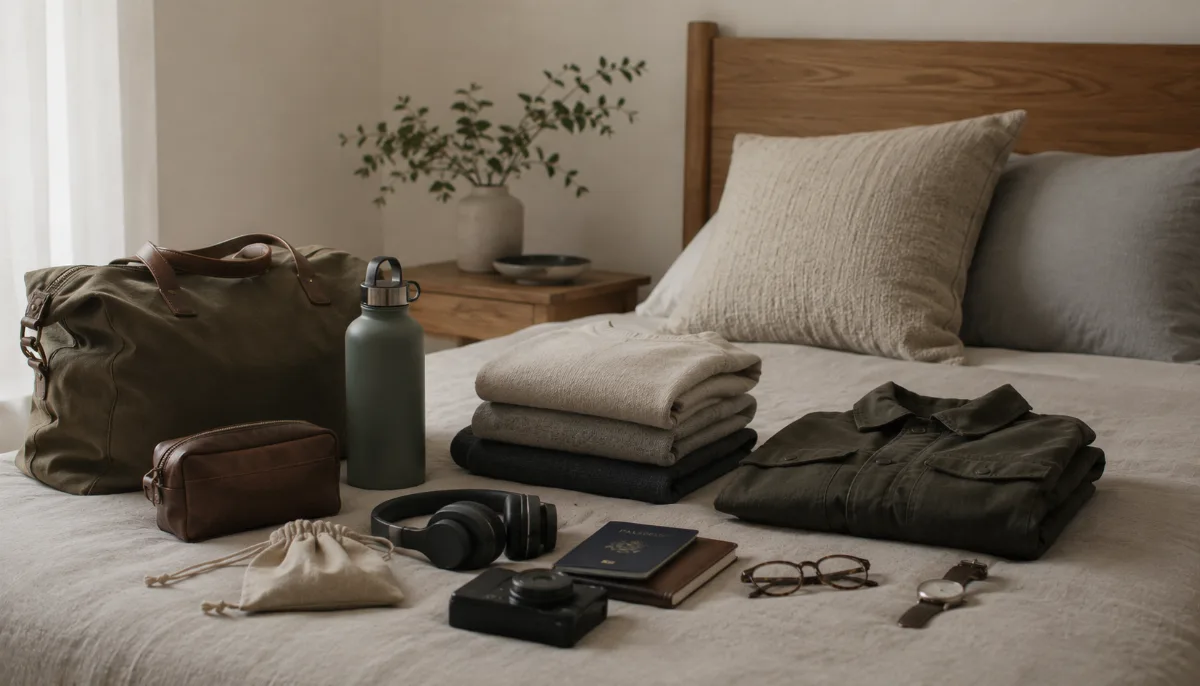 Neatly packed travel essentials laid out on a bed