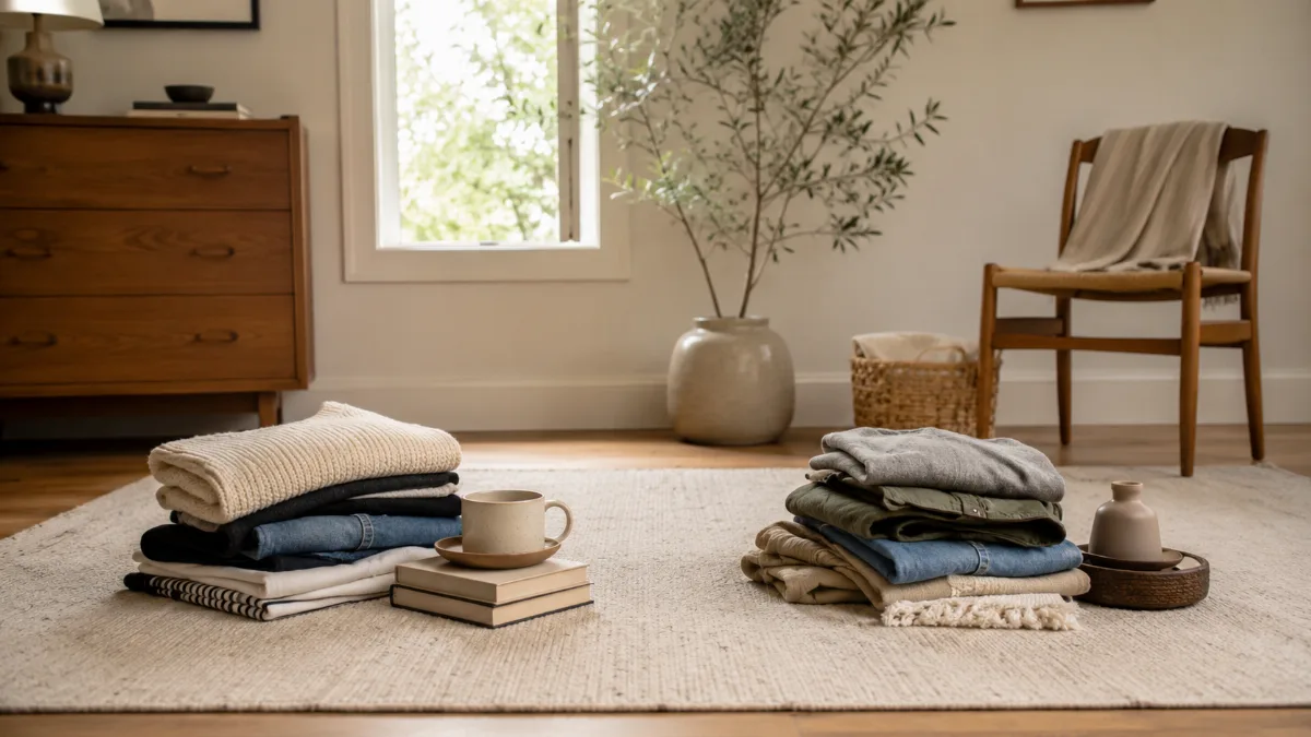 Items grouped into keep and let-go piles on a clean rug